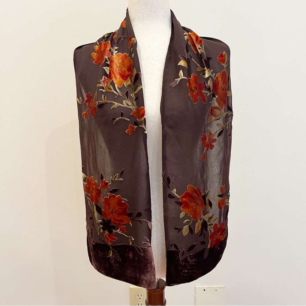 Echo Silk Velvet Burnout Scarf Women Rectangular Brown Floral Sheer Chiffon Luxe